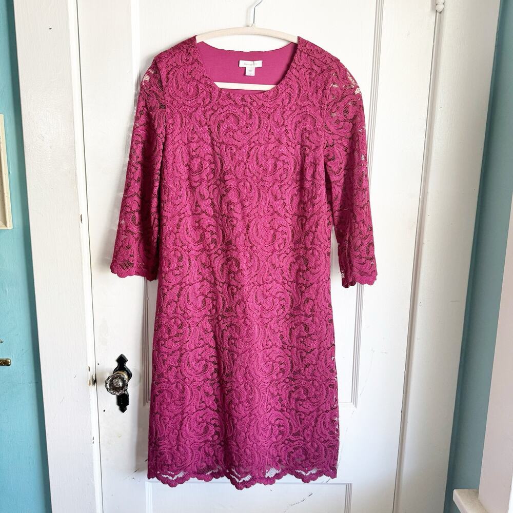 Garnet Hill Burgundy Lace Sheath Dress 3/4 Sleeve Scalloped Hemline 2 Classy